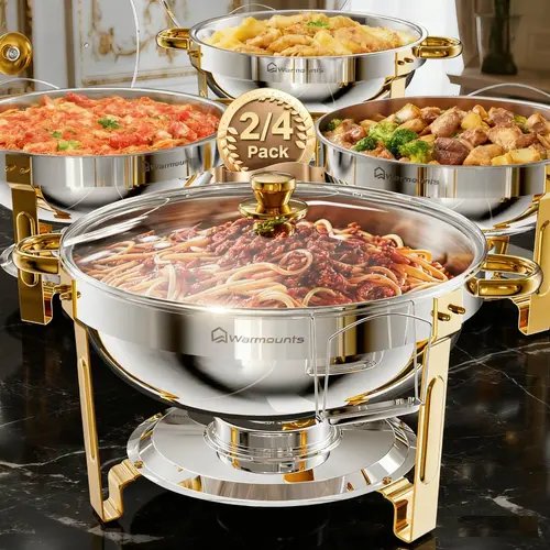 [sohochic] WARMOUNTS 5QT Gold Chafing Dishes for Buffet with Glass Liad , Round Chafers and Buffet Warmers Set with Mirror-Polished Stainless Steel, Rolled Rim, Stackable, Lid Holder for Parties, Weddings (2/4/6 Pack）,home essentials