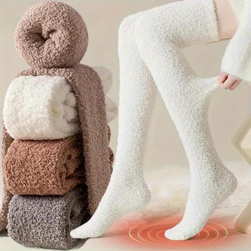 2 pairs Women's Plush Over-the-Knee Winter Thermal Socks - Soft Cozy Long Knee-High Warmth, Beige/Brown/Gray/White, Machine Washable for Home, Bed & Couch - Ideal Gift for Cold Weather & Housework (Autumn/Winter)