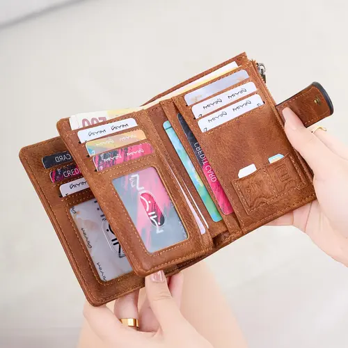 Vintage Women Short Wallet, Casual Wallet For Daily Multifunction Large Capacity Trifold Credit Card Holder RFlD Blocking Wallet For Credit Card, ID Card, Coins, Cash Double Zipper Pocket Clutch