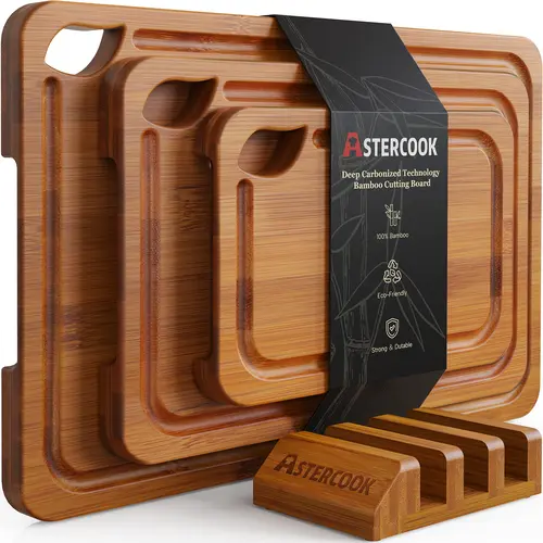 Astercook 4-Piece Eco-Friendly Bamboo Wood Cutting Board Set with Holder, Composite-Side Board with Antibacterial Protection, Secure Storage for Kitchen Use, Knives & Kitchen Accessories Compatibility, Everyday Use