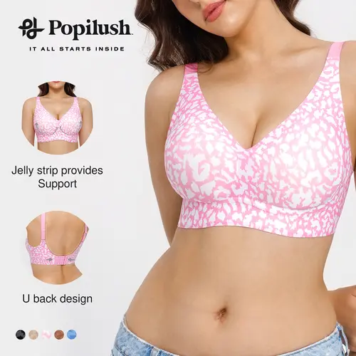 Popilush Cooling Bra Seamless Wireless Leopard Print Jelly Bra - Adjustable strapless sexy V-neck one-piece molded cup bra, comfortable and supportive Minimalist Fit Womenswear