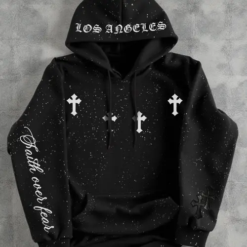Men's Fleece Hoodie Sweatshirt, Gothic Cross Design with Silver-Colored Sequins, Kangaroo Pocket, Casual Loose Fit for Fall & Winter