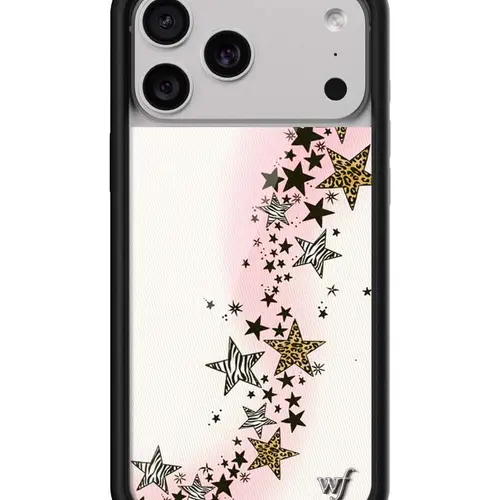 Wildflower Cases Katie Fang Collab Limited Edition Trendy iPhone Cellphone Cover, Raised Protective Black Bumper Protector, White Background Pink Flow Leopard-Zebra Print Stars, Women's Owned Small Business Phone Accessories for Her Devices, Smartphone