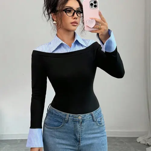 Women's Fashion Blue Striped Collar Split Design Knitted Pullover Tees Long Sleeve Top, soft knitting tops, Knitting, Womenswear, Elegant Commuter Style Casual Wear, Comfortable Fit, Fitted Knitwear