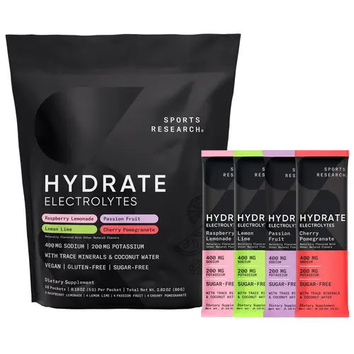 Sports Research Hydrate Electrolytes Powder Packets - Sugar Free & Naturally Flavored with Vitamins, Trace Minerals, and Coconut Water Powder - No Sugar Hydration Packets - Electrolyte Powder Drink Mix - 16 Count