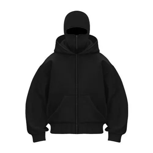 Balaclava Hoodie With Built-In Zip - Black Polyester Long Sleeve Men's Athletic Sweatshirt for Autumn Winter Sports & Casual Wear