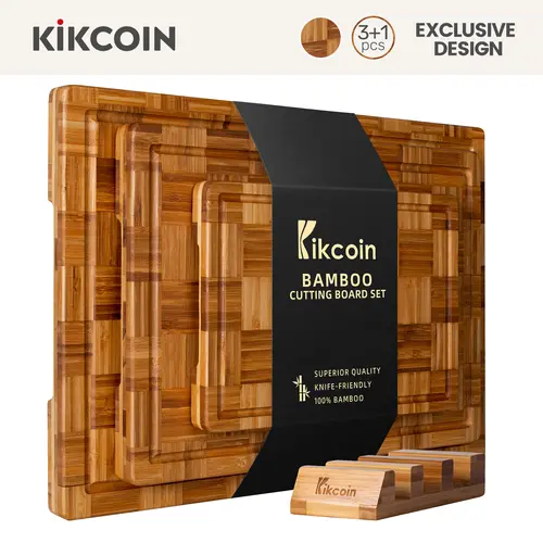 [SummerWins]Kikcoin End Grain 3PCS Cutting Boards with Holder,Extra Large natural Wooden Butcher Block,Charcuterie Cheese Serving Tray,Handles & Juice Groove,Checkered,Christmas gifts, Bamboo Cutting Board, Chopping