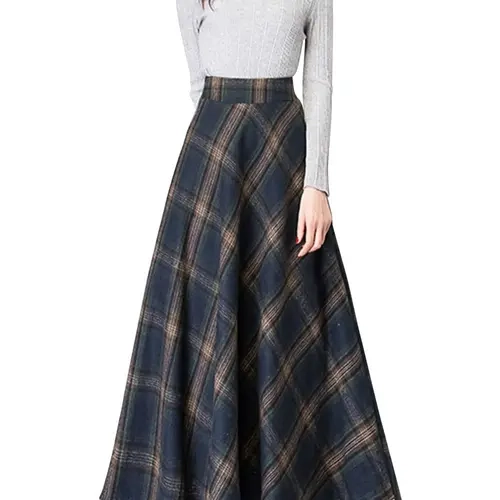 Ebossy Women's Vintage High Waist Wool Blend Plaid A-Line Long Maxi Skirt with Pocket Bottoms Womenswear,clothes for back to school,first day of school outfits