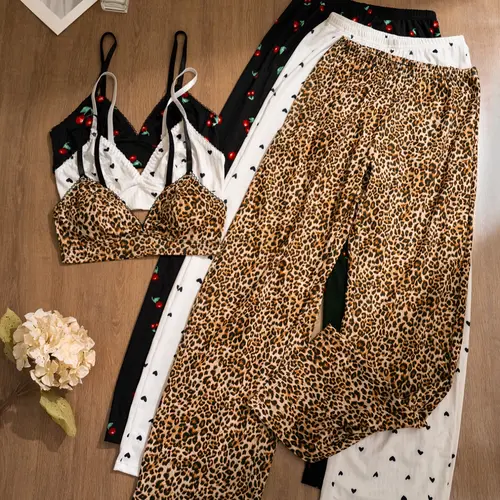 Women's Leopard Heart Cherry Print Comfortable Fitted Elegant Bralette Long Pants Underwear Lingerie Set, Casual Fashion Chic Set Underwear Sets for All Seasons Wear