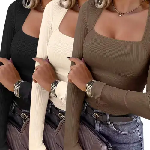 Women's Fall Winter Three-Piece Set, Fashion Casual Long Sleeve Square Neck Slim Fit Comfortable Knitted T-Shirt, Stylish Basic Top for Ladies, Fall Knitwear