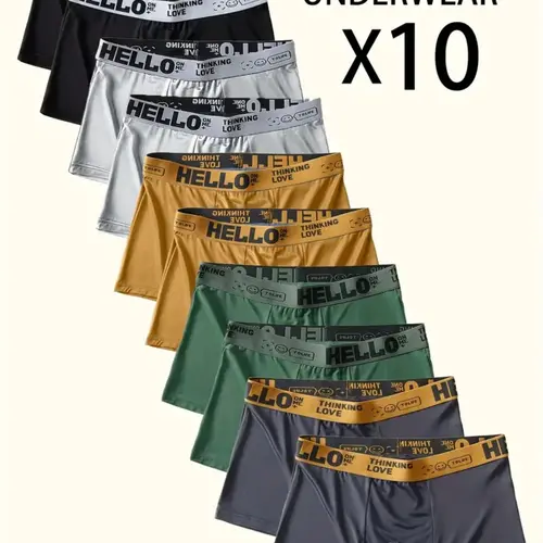 10 Pack  Men's Letter Tape Boxer Briefs (Please Size Up), Soft Comfortable Breathable Underwear for Daily Wear Full Coverage Knickers Casual Men's Underwear for All Seasons