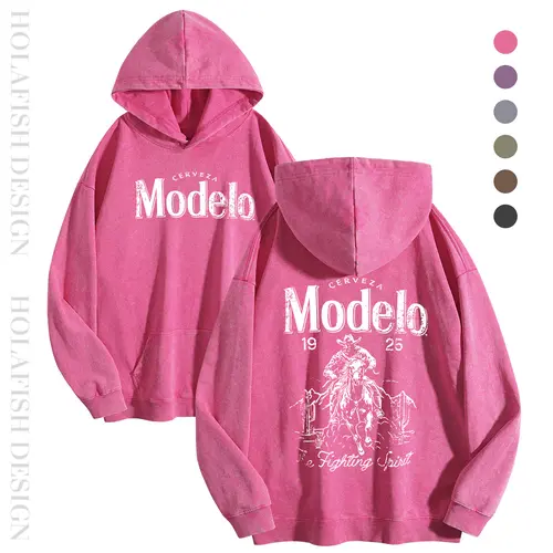 Women's Holafish Retro Acid Wash Cotton Hoodie - Round Neck, Kangaroo Pocket, Ribbed Cuffs, Modelo Pattern, Soft Thin Pullover, Casual Long Sleeve, Cozy Fall Winter Streetwear Unisex Comfort Top