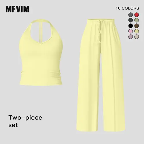 Workout Sets for Women, Casual 2 Piece Matching Set with Solid Halter Neck Top and Wide Leg Pants, Nylon Elastane Sweat Suit, Workout Sets Women