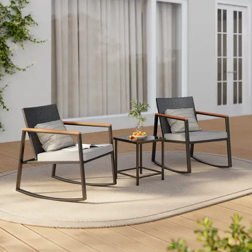 Gizoon 3-Piece Rocking Patio Bistro Furniture Set - Outdoor Set with Anti-Scald Armrests, Cotton Cushions, Glass Top Table, Integrated Legs for Steady Chairs, Requires Assembly (Garden, Porch Use)