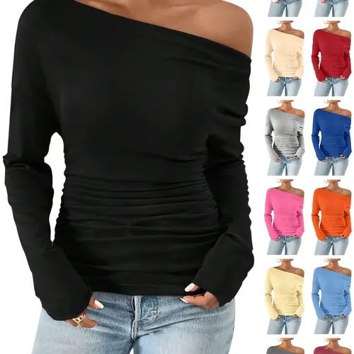 ASANDY Women's Minimalist Slim Long Sleeve Blouse - Lady's Fashion Apparel with Ruched Asymmetrical Neck, Drop Shoulder for Spring, Fall Everyday Tops Style (Black), Blouses, Flattering Tops, Drop Shoulders, Elegance, Fit, Shirt, Trendy Blouses