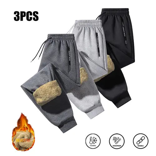 Men's 3-Piece Unisex Warm Fleece-Lined Ankle Jogger Pants Set, Activewear Menswear Sportswear Athletic Keep Warm Men's Pants, Simple Fashion Style, Side Letter Zipper Accents, Windproof, Durable, Ideal for Fall/Winter Outings