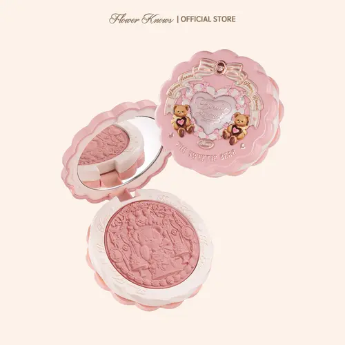 Flower Knows The Sweetie Bear Collection Squalane-Infused Silk Satin Blush Cosmetic, Long-Lasting Gentle Powder for Soft-Focus Glow, French-Inspired Everyday Versatile Makeup, Hydrating Pastel Whimsy Soft Glam Pick