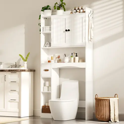 Gizoon 66''H Wall-Mounted Over-The-Toilet Storage Cabinet, High Capacity Wood Frame Rectangular Bathroom Organizer with 2 Doors, Paper Holder, Racks & Adjustable Shelf for Space-Saving Bathroom Use