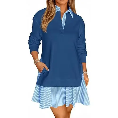Wenrine Women's Oversized Minimalist Stripe Color Block Sweatshirt Dress - Long-Sleeve Collared V-Neck Loose Mini, Soft and Skin-Friendly Non-Stretch Daily Casual Dress
