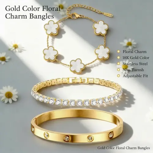 VNOX Layered Stack Bangles bracelet Set 3PCS Mothers day gifts ideas, 18 K Gold Zircon Stainless Steel floral charm Bracelets, Non Tarnish Open Bangle for Women, Adjustable hand chain Cuff, Daily Fashion Jewelry, Gift for Her cute jewelry lock bracelet, M