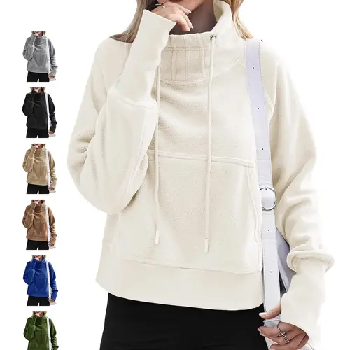 FISOEW Women's Casual Fitted Sleeve Sweatshirt - Chic Sherpa Fleece High Neck Pullover with Adjustable Drawstring, Pockets, Thumb Holes, Quality Fabric for Everyday Comfort & Layering Outfits, Tops