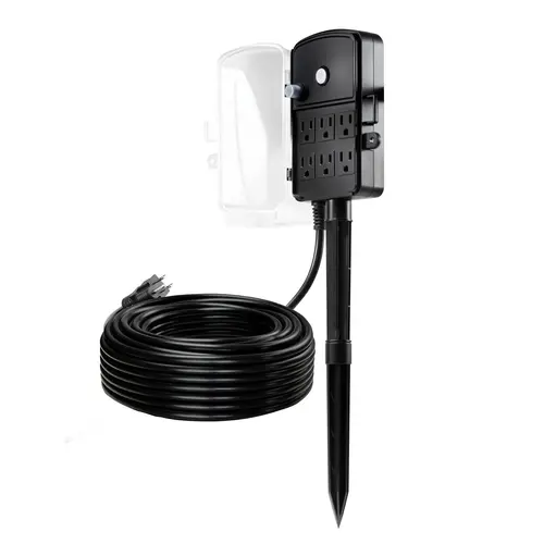 VEVOR Outdoor Weatherproof Power Stake Accessory, 100 Ft 14AWG Grounded Extension Cable, 6-Outlet Strip Splitter with Waterproof Cover, 13A/1625W Overload Protection, Mount-Compatible for Holiday Lights (Large Reach)