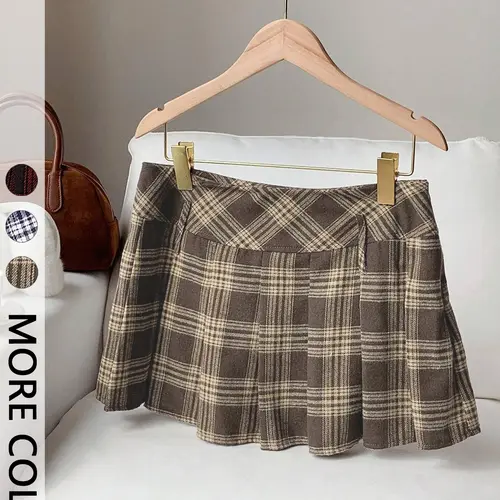 Women's Plaid Pleated Mini Skirt, Short, Casual, Soft Woven Fabric & High-Waisted Fit & A-Line Pleats & Secure Lining & Multiple Color Options，pleated skirts，1pc