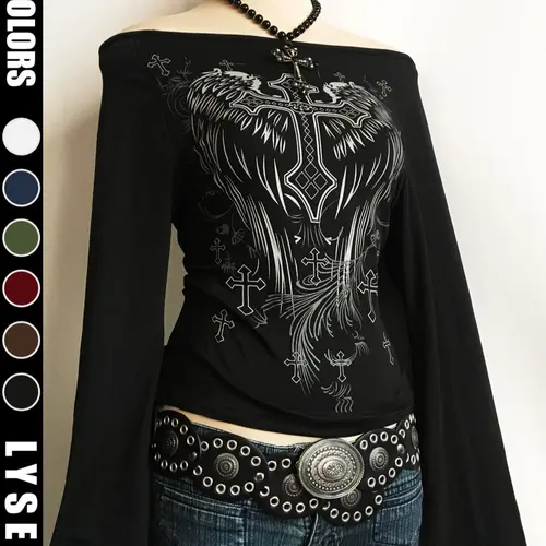 Halloween Fashion Y2K Women's Top, Cross Print One-Shoulder Bell Sleeve, Long Sleeve Fitted Top for Fall & Winter, Casual Wear