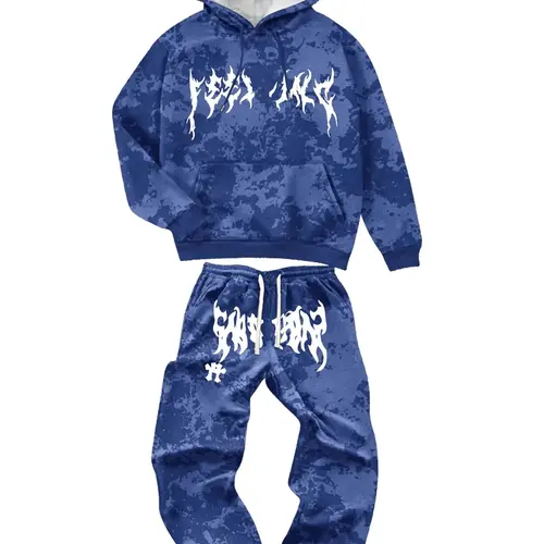 Men's 2-Piece Loose Casual Outfit Set, Menswear Fashion Apparel, American Streetwear Long-Sleeve Hoodie & Sweat Pants, Lightning Cross Print, Functional Pockets, Slight Stretch, Black Polyester Outfits, Baggy, Oversize, Longsleeves, 2 Piece Sets, M, Cloth