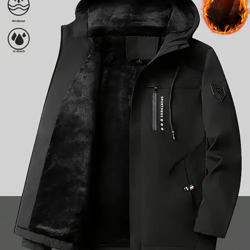 Men's Fitted Woven Heavyweight Full-Zip Hooded Jacket, Windproof High-Quality Machine-Washable Shell, Warm Long-Sleeve Stylish Menswear for Cold Weather & Formal Occasions, Black