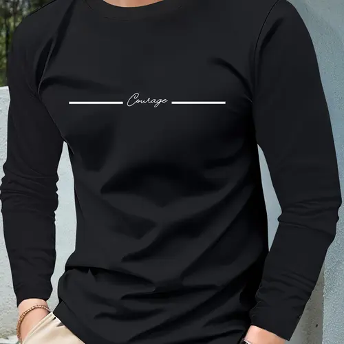 Men's Spring & Fall Loose Fit Long Sleeve T-Shirt with Courageous Letter Print - Trendy Casual Sports Black Thin Top, Suitable for Husband or Boyfriend Gift, Street Style, Commuting, Outdoor Activities, Vacation Wear
