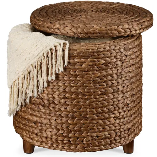 Best Choice Products 17 Round Storage Ottoman with Lid – Handwoven Water Hyacinth Modern Footstool"