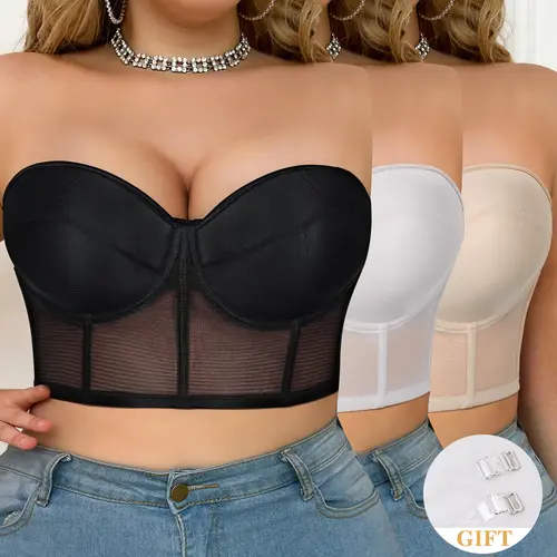 【Back To School】Women's Seamless Bra Set, 1/2/3pcs-a Strapless Push-Up Bra, Anti-Expansion Supportive Soft Cup, Basic Black/White/Beige Minimalist Halloween Everyday Lingerie, Non-Slip Bridal Underwear