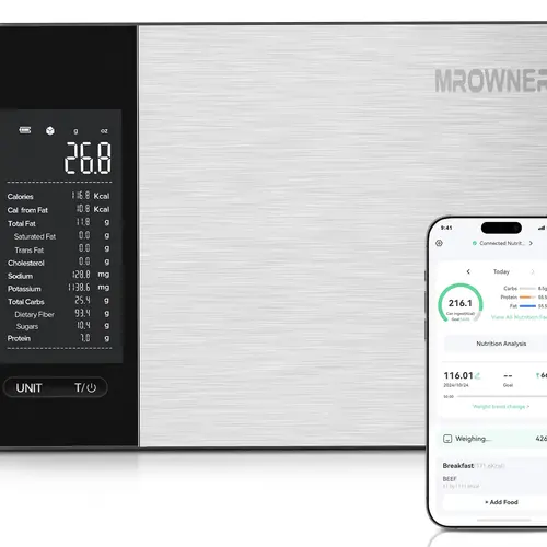MrOwner Smart Food Scale for Weight Mgmt, Nutritional Calculator with Free App – Track Macros for Goals, 19 Nutrients, Calorie Counting, Grams/Ounces, Premium Stainless Steel, 22lb Capacity Precision Kitchen Scale