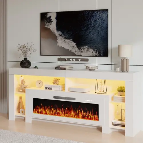 【2 Packages Shipping】PUKAMI 80 inch Fireplace tv Stand with 50 inch Fireplace Up to 90" TVs,LED Light Entertainment Center and Storage, Modern Wood Media TV Console for Living Room, Tv Console Table, Led Lights, Living Room Decor