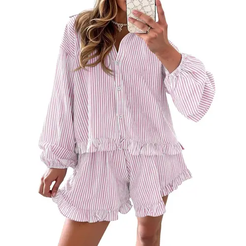 Fisoew Women's 2-Piece Stripe Loungewear - Button-Down Ruffle Shirt & Shorts, Oversized Cute Polyester Fabric Pajama Set for Women, 2 Piece Sets