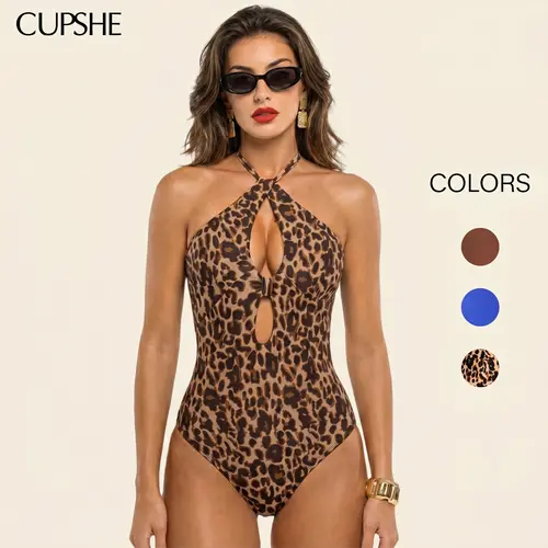 CUPSHE Bold Instinct Animal Print One-Piece | Elegant High Neck Halter Swimsuit | Body-Sculpting Monokini with Soft Cups for Summer swimwear Bathing suit #summerfinds