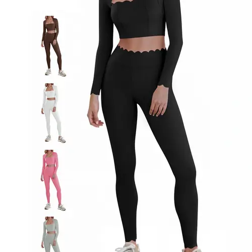 Fisoew Two Piece Workout Sets For Women High Waisted Scolloped Leggings with Crop Tops Gym Yoga Active Wear Outfits
