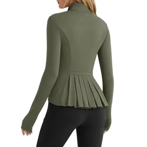 Fisoew Sports  2026 Summer Spring Women's Zippered Sports Jacket, Pleated Lightweight Slim Fit  Stand Collar with Thumbhole Pockets, Workout Running Clothes,travel essentials,camping essentials