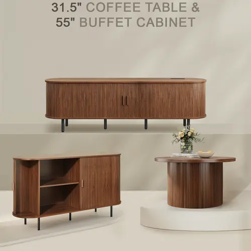【DealsforYou】onbrill Fluted Collection Oak TV Console Table - Mid-Century Modern TV Stand with Sliding Doors, Charging Station, Buffet Cabinet for Living Room Furniture, Decor for Living Room,dorm essentials,home decor