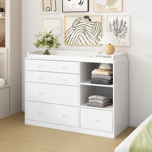 FUFU&GAGA 5-Drawer Wood Bedroom Dresser - Rectangle Modern Waterproof Storage Cabinet with Open Shelves, Sturdy White Knobs, Durable Chest, Manual Assembly Required for Nursery, Type C Drawers for Bedroom Organization