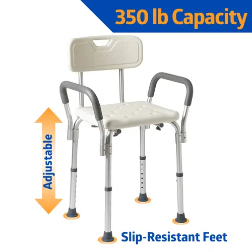 Medline Aluminum Bath Shower Chair for Bathroom Safety, Heavy-Duty, 350 lb Capacity, Adjustable Height, Non-Slip Seat, Padded Armrests & Back, White