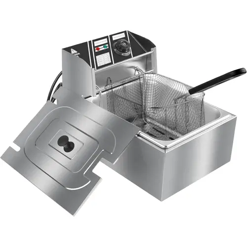 Electric Deep Fryer, 6L (10.5qt) Stainless Steel Single Tank with Fryer Basket, 2500W 110V Countertop Model with Lid & 60°C to 200°C Temperature Control for Home & Commercial Use