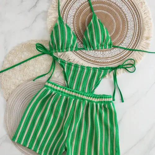 Striped Mesh Three-Piece Tie-Back Halter Bikini Swimsuit, Striped Swimsuits, Sexy Slim-Fitting Swimwear Set for All Seasons, Bikini Sets