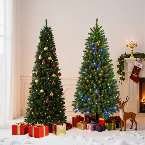 Slim Size Fireproof PVC Pre-lit Pencil Artificial Christmas Tree - With Incandescent Lights, 8 Light Modes, Branch Tips, Foldable Base for Home, Office Decorating & Christmas Decor, Home Ornaments