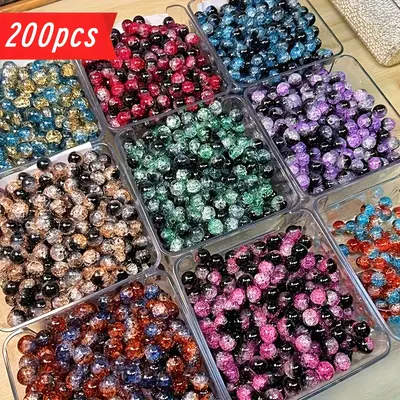 [200pcs Colorful Glass Beads] 200pcs Glass Sparkling Crackle Round DIY Beads 10mm Set | Assorted Colors, Handpicked Variety | for DIY Jewelry Making, Craft Supplies, Colorful Jewelry Making Parts and Accessories