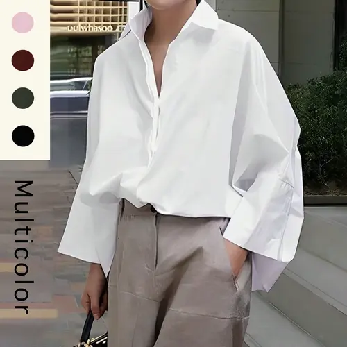 UOOZEE Women's Polyester Longsleeve Solid All Seasons Blouse - Chic, Simple, Loose, Large-Collar, Drop-Shoulder, Button-Up Work & Casual Top, Non-Elastic Fabric, Size Up 1, Style for Pairing with Jeans