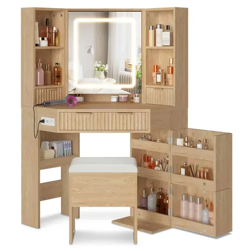 SIKAIC Corner Vanity Desk, Contemporary Dressing Table with LED-Integrated Mirror, Charging Station, Drawer-Style Makeup Vanities & Compartmentalized Mirror Cabinets for Modern Bedrooms,dorm essentials,home decor