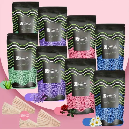 VIIIlife Brazilian Wax Beans Hair Removal Waxing Kit - Smooth, Easy-to-Use Multi-Pack for Women, Ideal for Bikini Line, Eyebrow, Legs, with 8 Packs of 40 Wooden Sticks