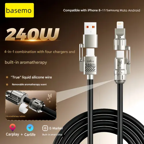 Basemo 240W 4-in-1 Fast Charging Cable with Scent, Compatible with iPhone 17 Pro/16 Pro Max/15 and Samsung S25 Ultra - Black, Lightning Connector, Camping Essential Portable Fast Charger,back to school,back to school haul